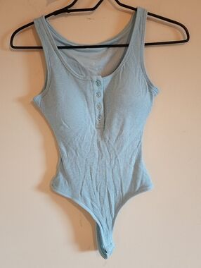 Klassy Network Henley Bramisuit–Light Blue Ribbed Button Bodysuit–Women’s Small